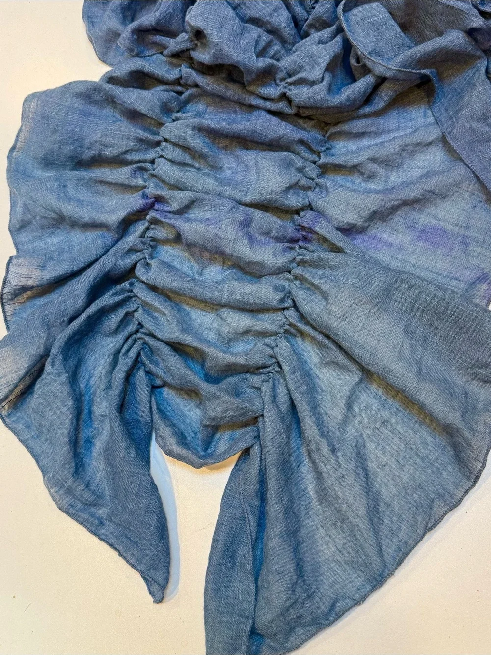 Lightweight Blue Ruched Linen Scarf